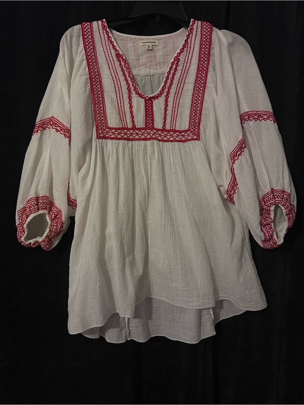 White Gauzy Peasant Blouse with Red Embroidery